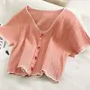 2024 Nuevo diseño de clavícula estilo coreano camisa corta suéter de manga corta adelgazante para la cintura camiseta de seda helada para mujer