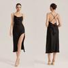 Nova Saia Longa Sexy Europeia e Americana de Verão com Fenda Alta, Slim, de Cetim e Chiffon, Gola Evasê, Costas Cruzadas com Alças Sq3907