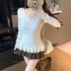 Camiseta de Manga Larga con Lunares y Moño de Encaje Estilo Coreano para Mujer, Dobladillo Fruncido de Otoño, Top Básico Dulce y Adelgazante