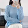 Suéter de malha de algodão puro feminino, novo estilo outono e inverno, gola redonda, vazado, manga longa, modelagem solta, top canelado versátil, moderno e da moda