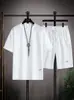 Conjunto esportivo masculino de verão com mangas curtas, para uso transfronteiriço, camiseta e shorts de corte solto, roupas de tecido waffle, vestuário casual versátil masculino