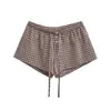 1619-526 Shorts Xadrez de Verão com Cordão e Cintura Elástica para Mulheres, Shorts de Perna Reta Emagrecedores, Shorts Xadrez com Amarração