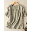 Camisa de Algodón y Lino de Manga Corta, Color Sólido, Adelgazante, Cuello Redondo, Estilo Retro Artístico Casual, Holgada, Talla Grande, Sudeste Asiático, Primavera y Verano
