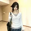 Camiseta de Manga Larga a Rayas Suelta Estilo Coreano Falsa de Dos Piezas para Mujer, Primavera/Otoño, Sentido del Diseño, Adelgazante, Top Básico