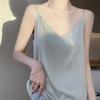Primavera y Verano Camisola de Satén con Cuello en V de Ácido Acético Puro Top Holgado Elegante para Mujer Traje de Color Sólido Chaleco Interior