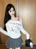 Verão Novo Doce Picante Slim Fit Estampa de Desenho Gatinho Gato Patchwork Xadrez Ombro Único Colete para Mulheres com Bojos Camiseta