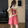 Traje Deportivo Casual de Algodón Imitación para Mujer Verano Delgado Suelto Moderno Manga Corta Pantalones Cortos Conjunto de Dos Piezas Trendy