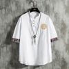 Camiseta de lino bordada de estilo chino para hombre, verano 2022, nueva marca de moda, suelta, de manga corta, con hebilla, de algodón y lino.