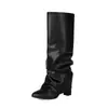 Botas altas de punta cruzadas para otoño e invierno, suela de goma de color liso, tacón alto, talla grande, botas de mujer, tacón cuadrado, slip-on, botas Martin de comercio exterior