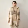 Conjunto de Tricô Cashmere Duas Peças Feminino Jacquard Fair Isle Gola Alta Raglã Jaqueta com Capuz de Comprimento Médio Top