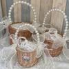 Caja de Regalo de Dulces para Boda 2024 Cesta de Flores de Perlas para Llevar a Mano Favor Atrezzo para Fotos Tejido Artesanal de Ratán