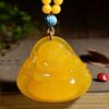 Colgante de Maitreya de gran barriga con cera de abejas vieja amarilla y aceite de pollo ruso vivo, collar de suéter con colgante de Buda sonriente para hombres y mujeres, largo