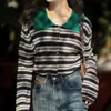 Elegante cárdigan de punto con cuello polo a rayas estilo francés para mujer, diseño de otoño con un suéter cárdigan de color contrastante vintage