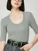 Suéter Básico de Manga Curta com Gola Redonda Slim Fit de Lã Merino 120S Primavera 2/60 para Mulheres