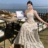 Vestido longo de praia com cintura francesa e design de gola grande para o verão 2025, vestido elegante e justo