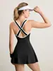 Ropa de Yoga Transfronteriza Estilo Nuevo Bloqueo de Color Tirantes Cruzados Vestido Deportivo Falda de Tenis de Verano para Mujer Mono Adelgazante de Cintura Alta