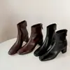 Botas Curtas Femininas Minimalistas Versáteis Bico Quadrado Comércio Exterior Transfronteiriço Tamanho Grande 40-42 Zíper Traseiro Salto Alto Grosso Couro Bovino Botas Emagrecedoras