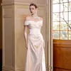 Vestido de Novia Ligero Satinado Estilo Francés Hombros Descubiertos, Vestido de Novia Sencillo, Estilo Ultra de Hada, Vestido Blanco Sirena Ajustado