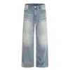 Calça Jeans Reta com Lavagem Degradê para Homens, Estilo Punk Vintage Desgastado Streetwear Casual de Perna Larga Solta