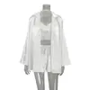 2026 Conjunto de Tres Piezas de Bata de Manga Larga de Seda Artificial Estilo Europeo y Americano, Lencería y Shorts de Venta Caliente, Ropa de Casa Cómoda y Amigable con la Piel para Mujer, Transfronterizo