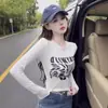 Blusa de Manga Longa Estilo Americano Garota Picante, Camiseta Básica para Primavera e Outono, Estampa de Letras Tontura, Slim Fit, Ombro Normal, Gola Redonda
