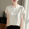 Nueva Camiseta Suelta de Punto con Cuello Alto de Seda Estilo Chino, Manga Corta, Jacquard Pesado para Mujer