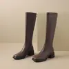 Nuevas Botas de Cuero Altas de Punta Cuadrada Estilo Británico para Mujer con Cremallera Trasera Botas de Caballero Botas de Moda Tacón Medio Zapatos de Mujer 33-43 Botas de Comercio Exterior