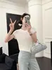 Top de punto de manga corta con cuello redondo y espalda hueca, estilo nuevo de verano para mujer, corte holgado, adelgazante, camisa de manga corta versátil para mujer