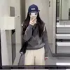 Suéter Pulôver Cinza Gola Alta Meio Zíper Estilo Academia Japonesa Transfronteiriço Feminino Outono Inverno Espessado Preguiçoso Solto Tricô