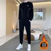 Traje deportivo de otoño e invierno para hombre, forrado de vellón y engrosado, conjunto de dos piezas de sudadera con cuello redondo, traje deportivo casual para hombres de mediana edad, corte holgado