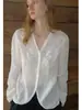 Camisa 100% Ramio Bordado Francés Cuello en V Ribete de Encaje 26 Otoño Hombro Caído Holgada Manga Larga Camisa 1568 Cuatro Damas