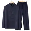 Traje Tang fino de primavera e outono, conjunto masculino de manga comprida, roupa estilo chinês para pais, para usar no verão, adequado para homens idosos, avôs, para aniversários e banquetes de casamento