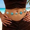 Corrente de cintura estilo étnico para praia de verão com design redondo de turquesa, cinto metálico para umbigo estilo férias, acessório feminino