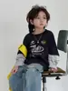Camiseta Falsa de Dos Piezas para Niños Niños Cheese and Meow Colección Primavera 2026 Azul Marino Retazos Elegante Manga Larga Casual Infantil