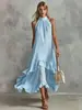 Vestido de Praia Casual Elegante Retro de Verão Europeu e Americano Branco Sem Mangas com Babados de Comprimento Médio para Mulheres