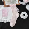 Calcetines de encaje estilo coreano para mujer con cintas y moños, de longitud media hasta la pantorrilla, finos y calados, con encaje dulce en forma de corazón, adecuados para primavera y verano