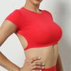 Nuevo Lijado Desnudo Hermosa Espalda Yoga Manga Corta Color Sólido Cintura Ajustada Adelgazante Elástico Top de Yoga Ropa Deportiva de Secado Rápido para Mujer