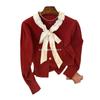 Cárdigan de Punto con Empalme de Encaje y Cuello de Pajarita 2024 Otoño e Invierno Suéter Retro Chaqueta Top de Manga Larga para Mujer