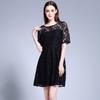 Marca verano nuevo elegante adelgazante hueco encaje negro vestido talla grande Manga Corta falda línea A