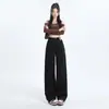 Calças Jeans Largas Pretas para Meninas Primavera e Outono 2024 Cintura Alta Soltas Drapeadas Perna Reta Comprimento Total High Street ins