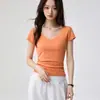 Camiseta 40s de Algodão Penteado Puro para Mulheres, Gola Redonda com Patch de Decote V Profundo, Mangas Curtas, Verão, Simples, Versátil, Emagrecedora, Top de Base
