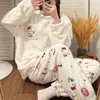 Pijama Popular de Traje con Cuello Redondo para Mujer Invierno Nuevo Manga Larga Franela Dulce Dibujo Animado Chica Cálido Ropa de Casa Traje