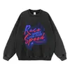 Moletom com Capuz Estilo Vintage com Estampa de Slogan de Corrida Vermelho e Azul, Marca de Moda High Street, Caimento Solto, Moletom Unissex, Em Estoque