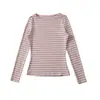 A1061-26 Moda Outono Estilo Coreano Fashionável Individual Gola Redonda Manga Longa Listrado Slim Fit Top Camiseta Atacado Camisa Base