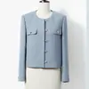 Chaqueta de Tweed Estilo Chanel Elegante de Alta Gama para Primavera y Otoño, Top Corto Azul Reductor de Edad 25123
