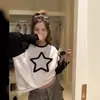 Otoño 2023 Negro y Blanco Empalmado Manga Raglán Nuevo Top Holgado y Más Fácil de Combinar Casual Delgado Estampado de Estrella de Cinco Puntas Ropa para Mujer