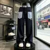Jeans reto com bolso frontal em blocos de cor xadrez retrô americano para homens, calça larga solta, calça longa de design de nicho da moda