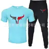 Traje Casual de Dos Piezas para Hombre de Manga Corta y Pantalones de Venta Caliente Transfronteriza, Cuello Redondo, Color Puro, Traje Deportivo Casual con Imágenes y Estampado