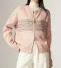 Cardigan Tricot Jacquard Redondo Estilo Retrô para Mulheres, Novo Estilo Outono/Inverno, Elegante Casaco Tricot com Zíper Duplo Estilo Coreano para Mulheres