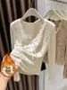 Camisa de renda com forro de fleece e decote V para mulheres, de manga longa, corte justo, camisa base modeladora, camisa base de camada interna de renda feminina